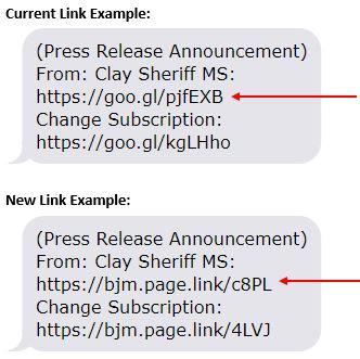 Screenshots of current text alert link example compared to new text alert link example